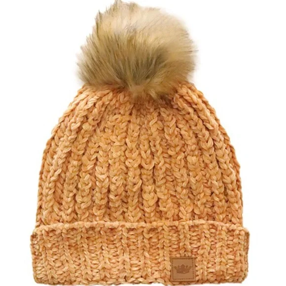Golden Mustard Chenille Knit Fur Pompom Beanie - Picture 4 of 4
